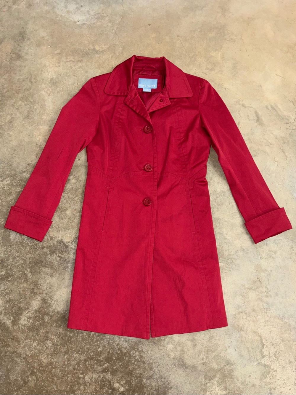 Nine West Cherry Red Trench Coat Stretch Cotton Button Front S Holiday Festive